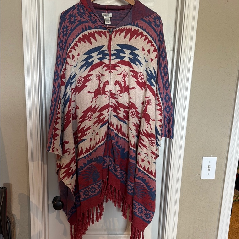 Tribal Patterned Poncho with Fringe